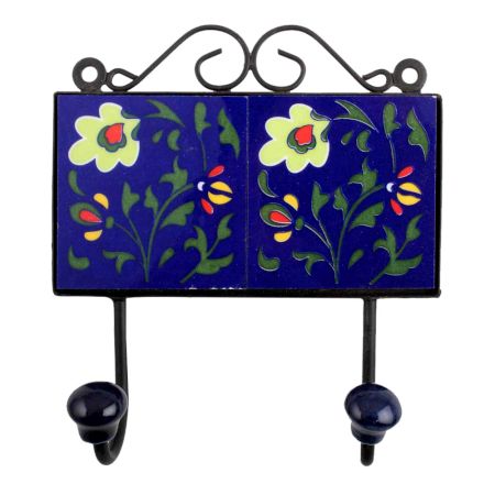 Navy Blue Light Green Floral Tiles Hooks